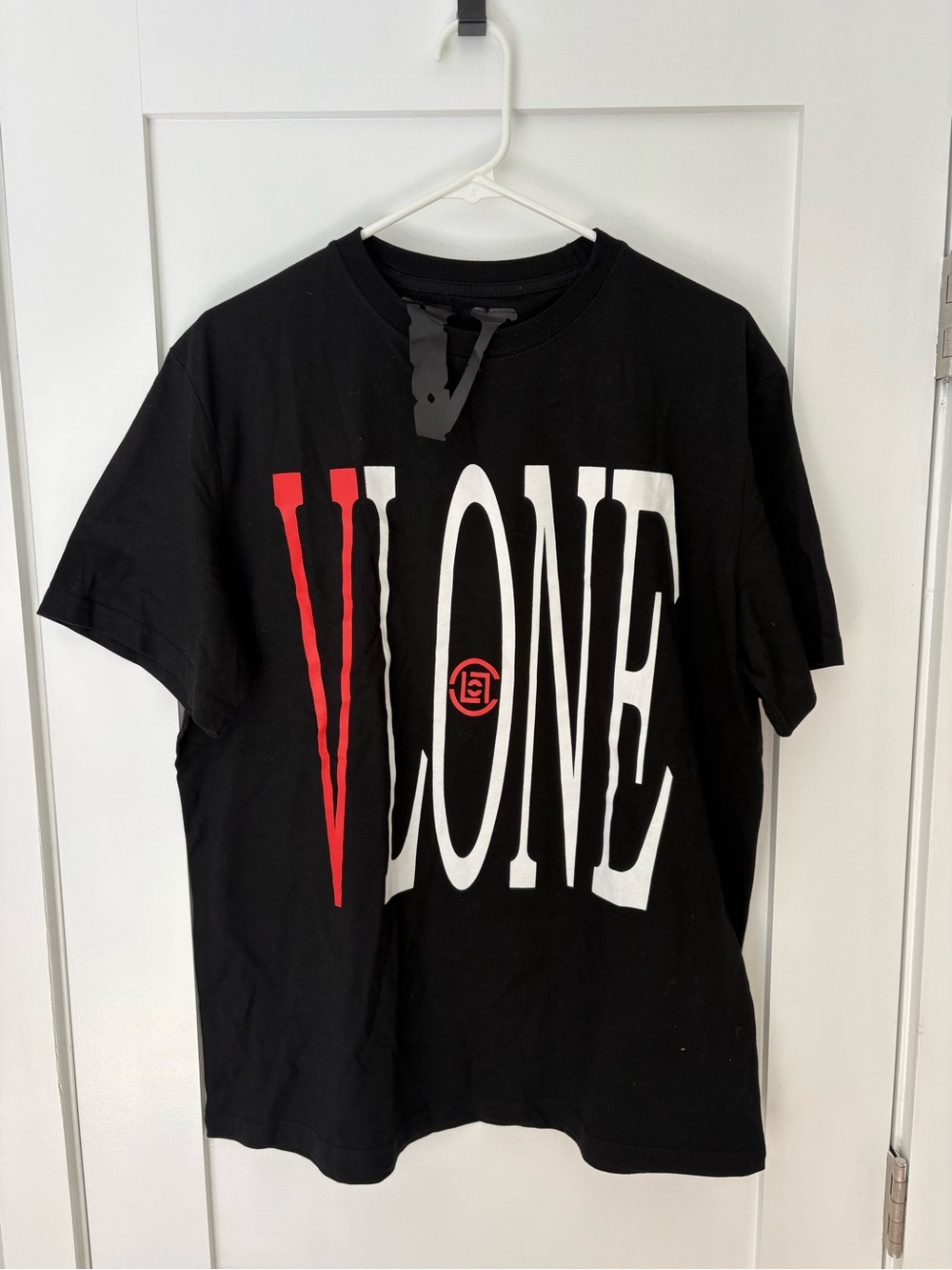 VLONE Black Tee with Red & White Logo Print